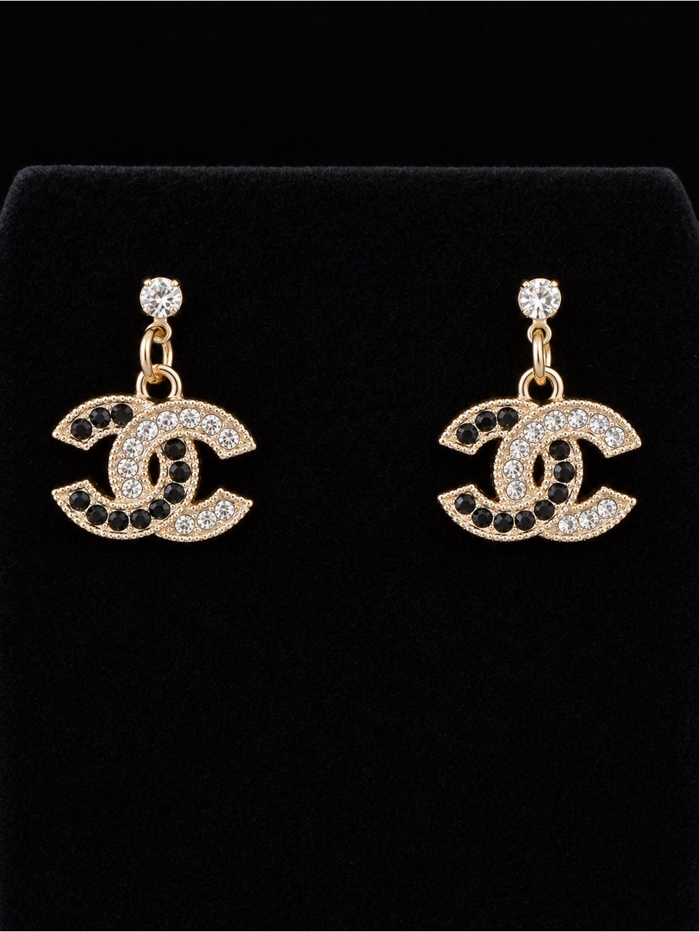 CHANEL Gold-Tone CC Drop Earrings with Black and Clear Crystals